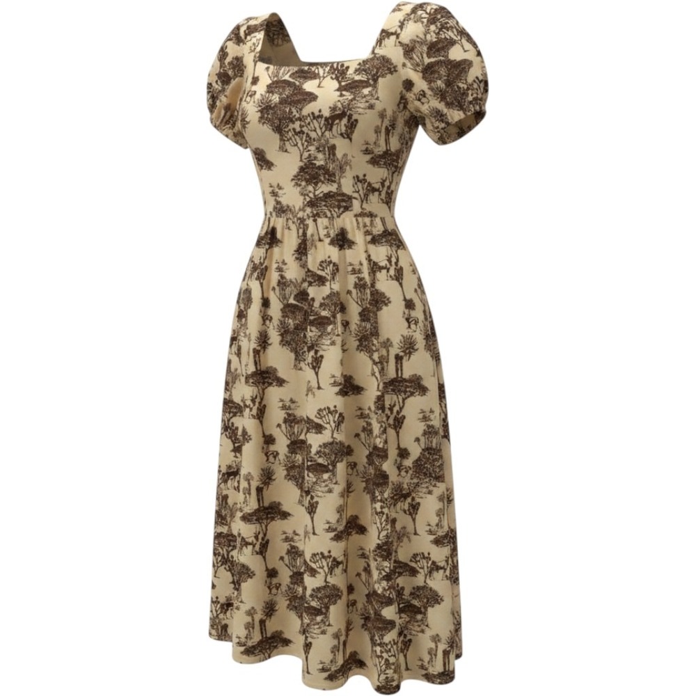 Hyacinth House Safari Toile Midi Dress Cream Brown Lace Up Back XL